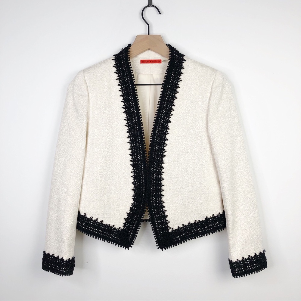 Alice + Olivia Ivory Creme Tweed Cord Trim Blazer